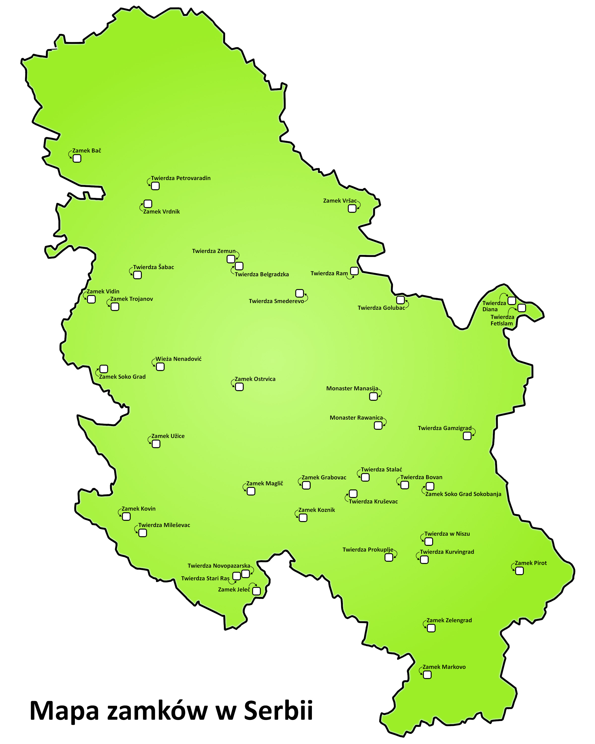Mapa zamków w Serbii 