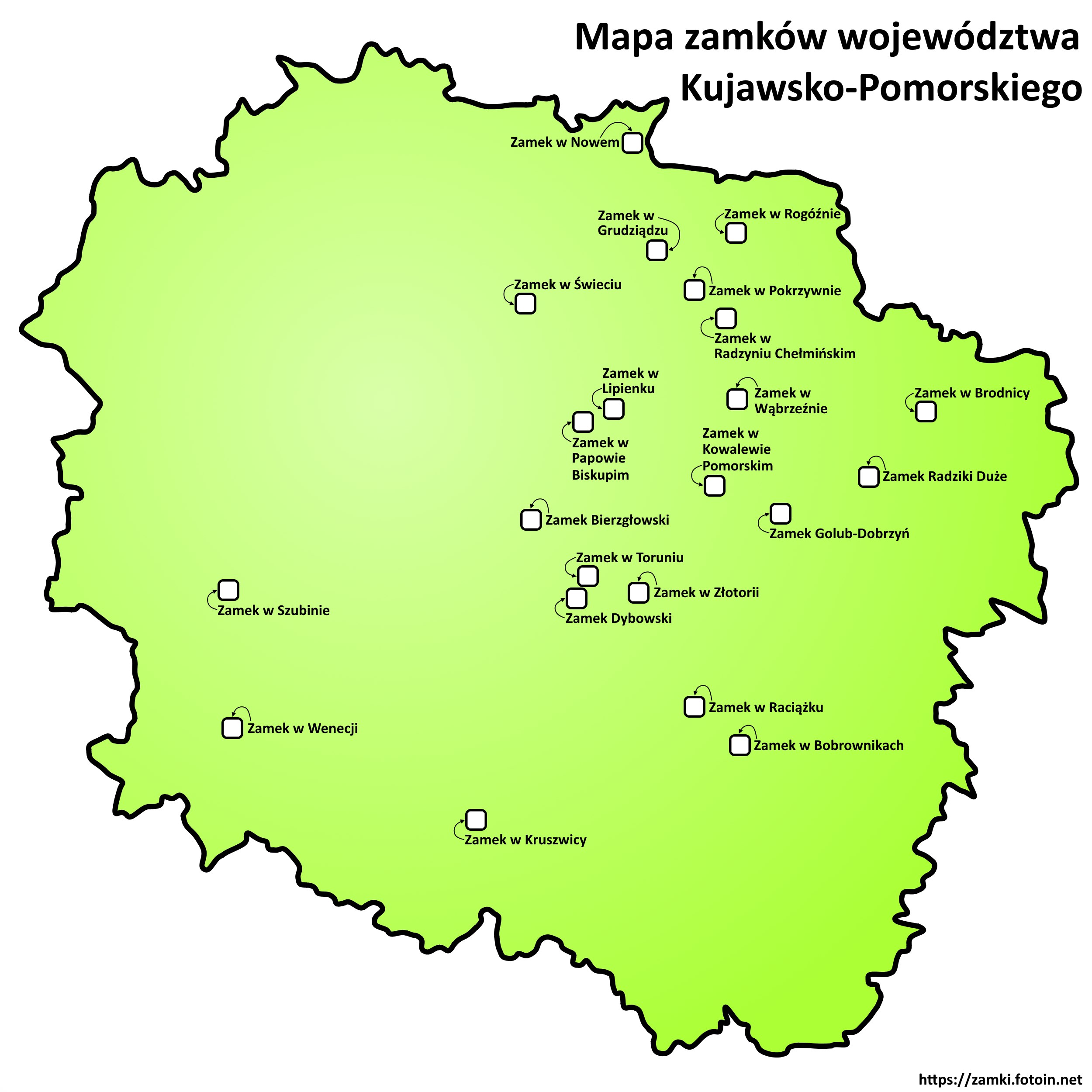 Mapa zamków Województwa Kujawsko-Pomorskiego